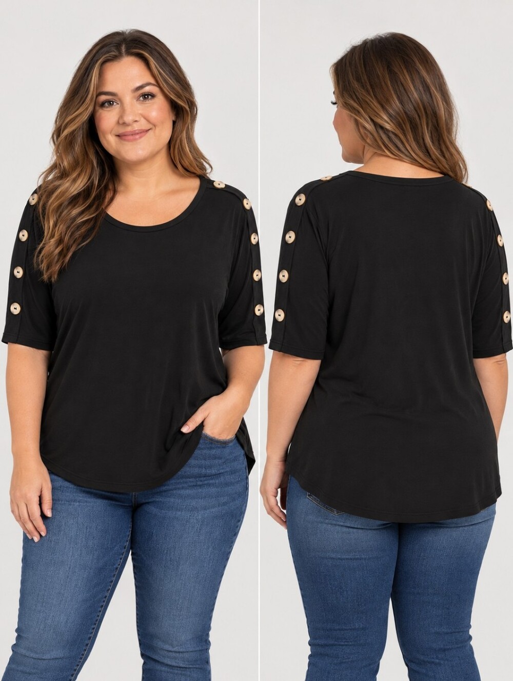 Kim & Cami | Black Button Sleeve Detail Top